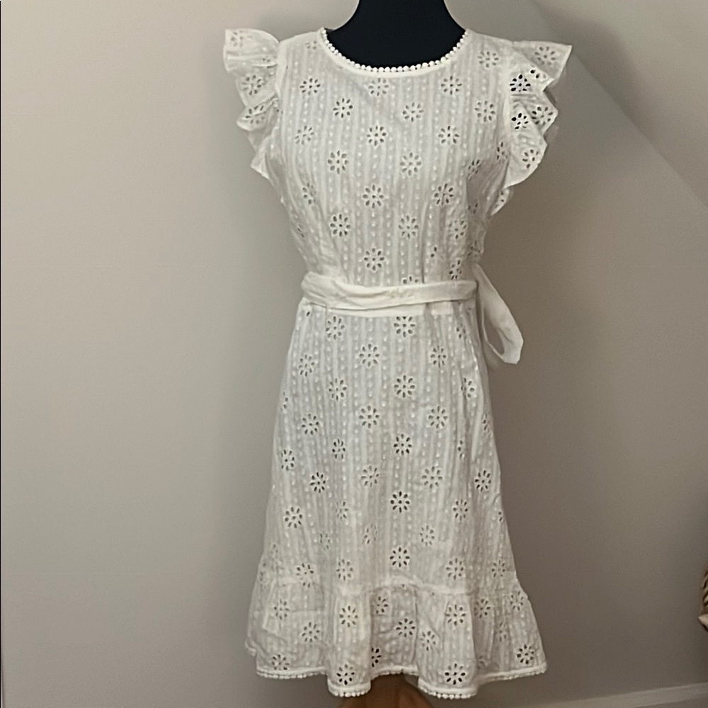 LOFT White Ruffled Tie Front Midi Dress
